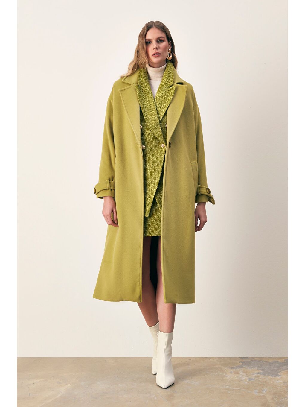 Kol Kemer Detaylı Salaş Kaban - Yağ Yeşili