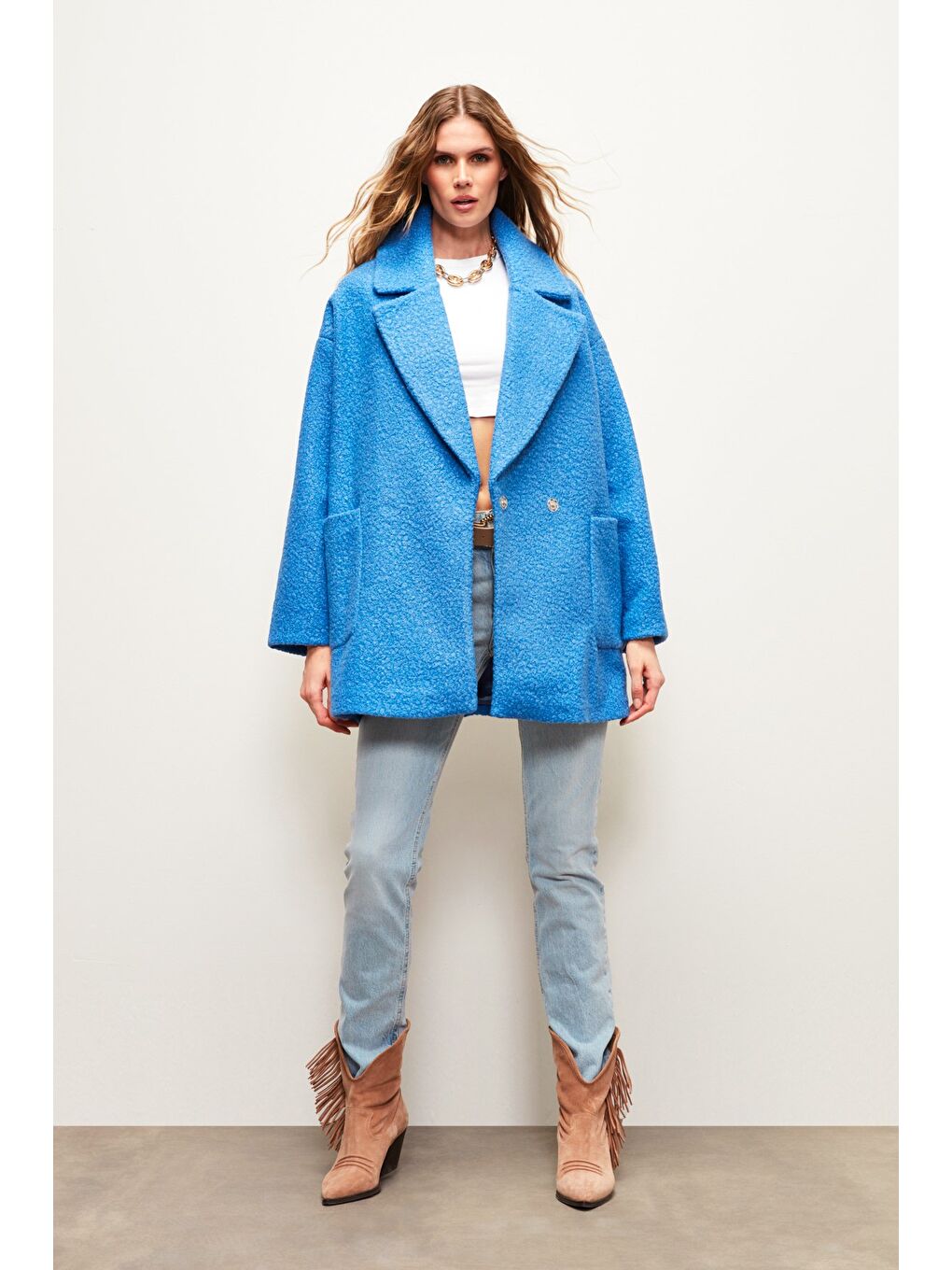 Geniş Cepli Buklet Kaban - Mavi