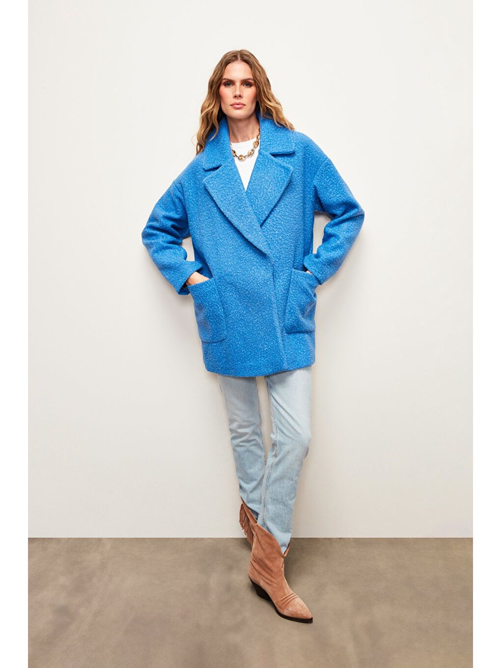 Geniş Cepli Buklet Kaban - Mavi-3