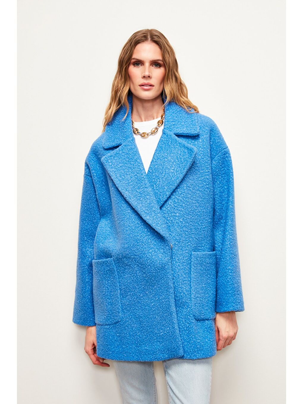 Geniş Cepli Buklet Kaban - Mavi-4