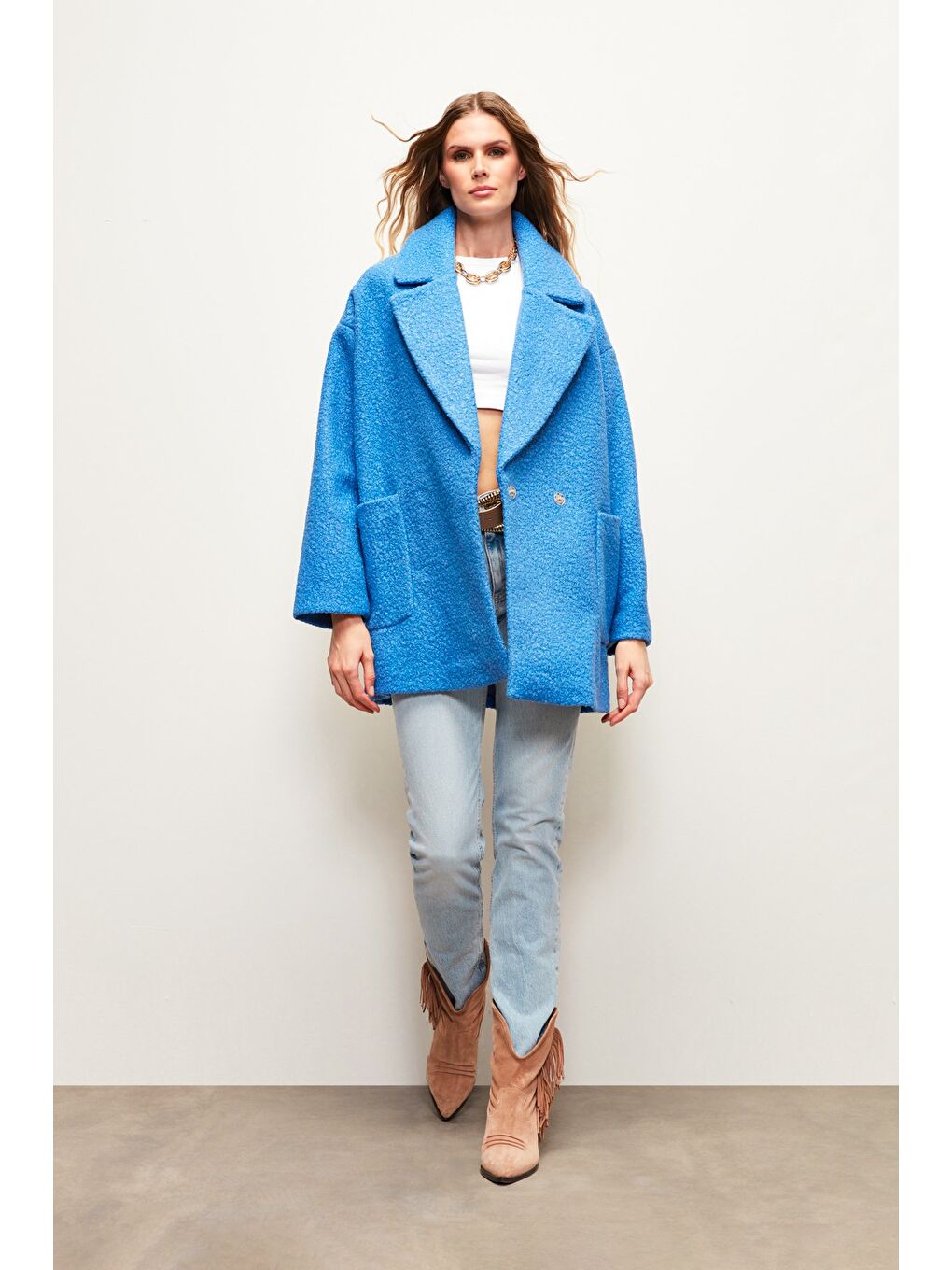 Geniş Cepli Buklet Kaban - Mavi-5