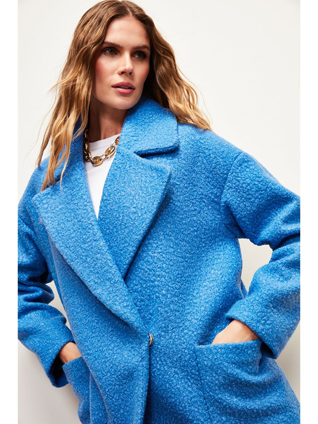 Geniş Cepli Buklet Kaban - Mavi-6