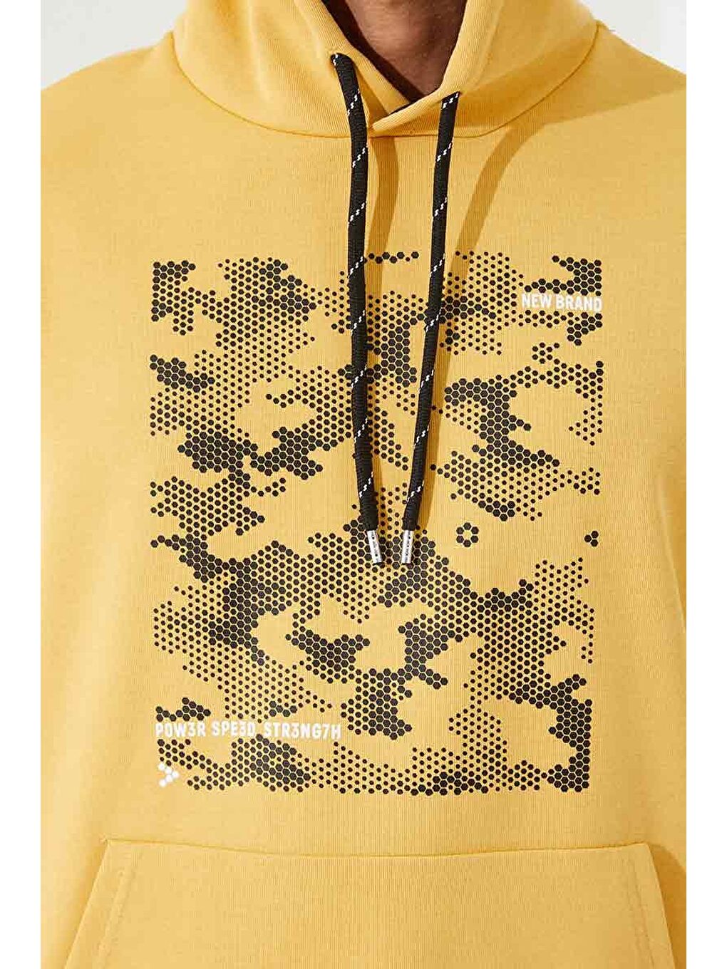 Sarı Hardal Kamuflaj Desen Baskılı Standart Kalıp Kapüşonlu  Erkek Hoodie - 87884-2