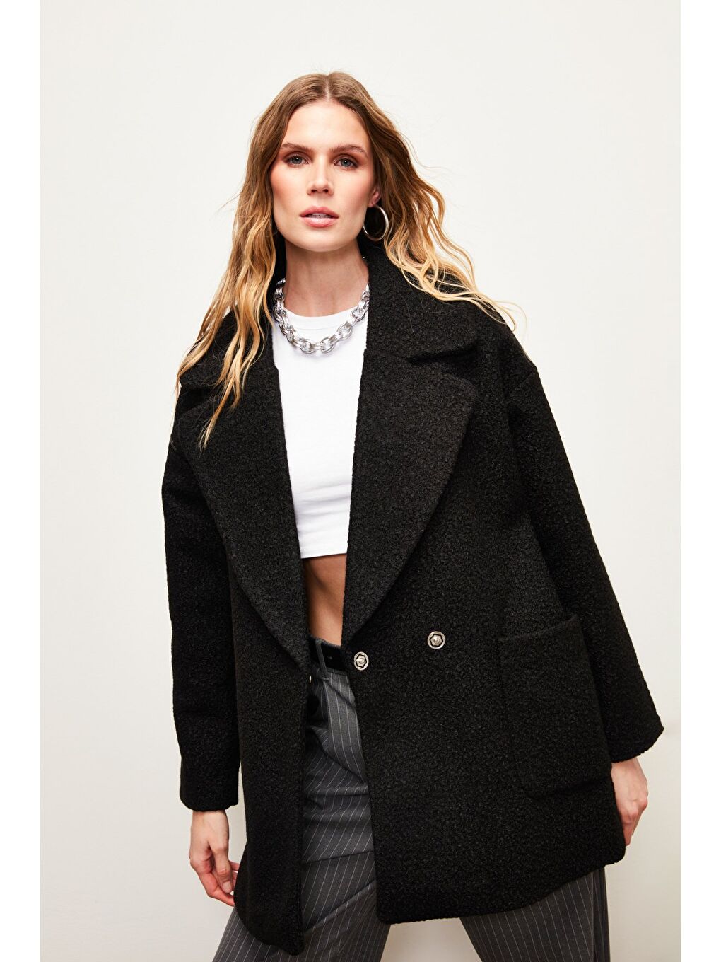 Geniş Cepli Buklet Kaban - Siyah-2