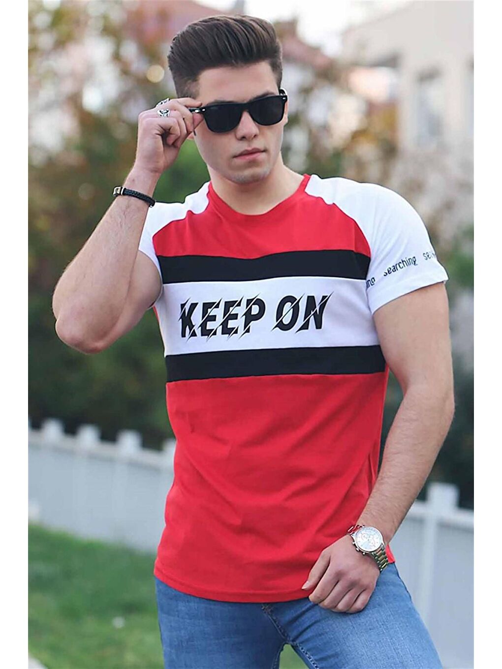 Kırmızı Bisiklet Yaka Baskılı Tişört 3031