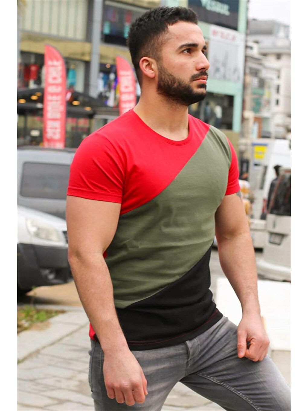 Renk Bloklu Kırmızı %100 Pamuk Tişört 3018-1