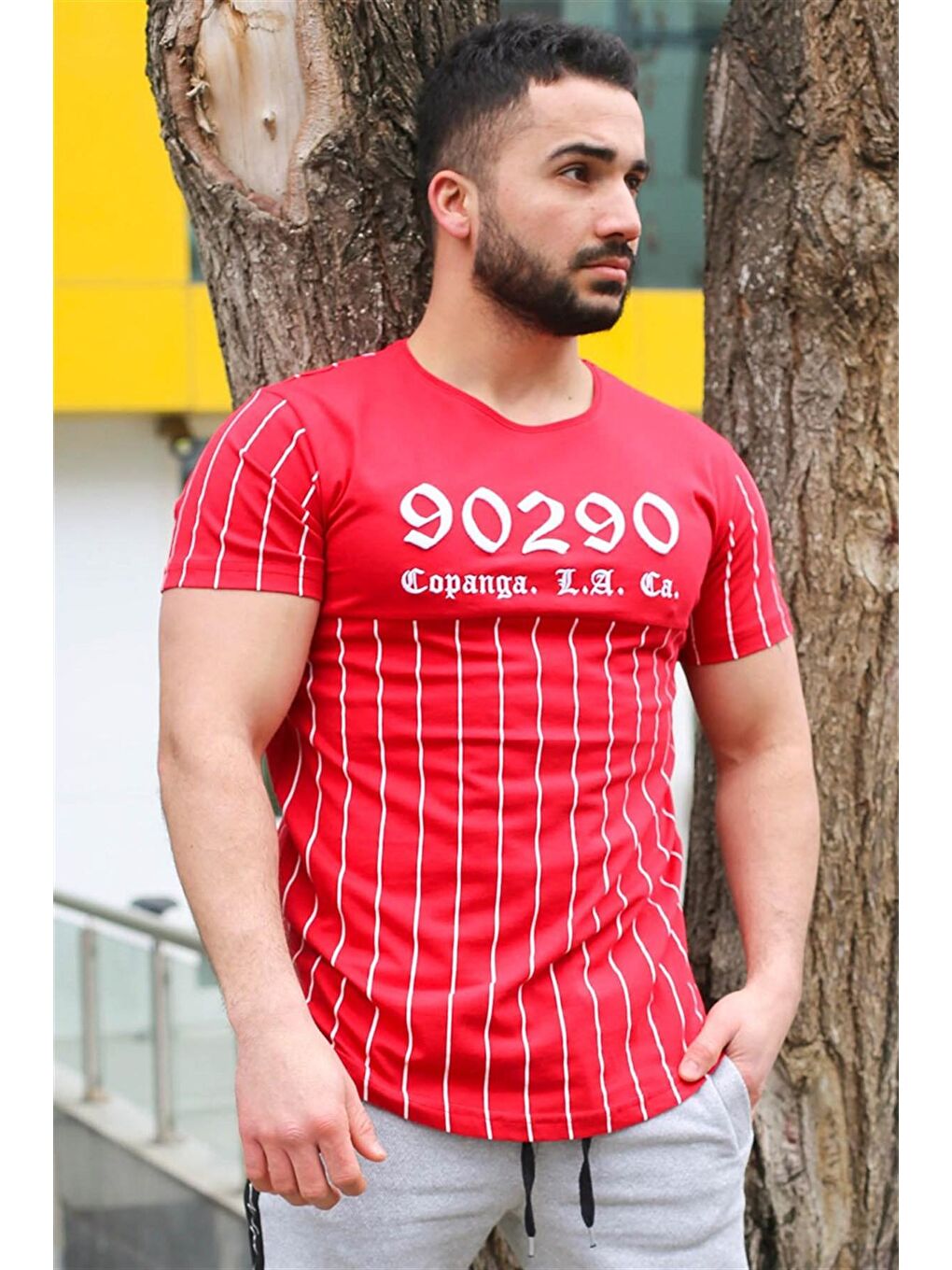 Bisiklet Yaka Çizgi Detaylı Kırmızı %100 Pamuk Tişört 2863-1