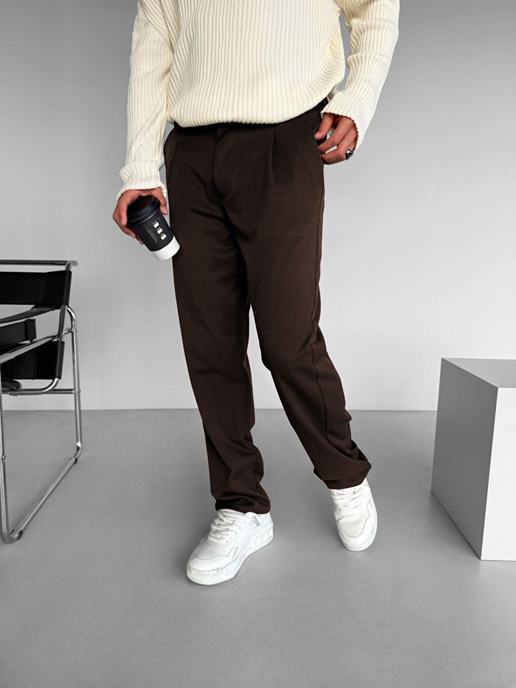 Baggy Fit Beli Lastikli Rahat Erkek Pantolon Kahverengi-2