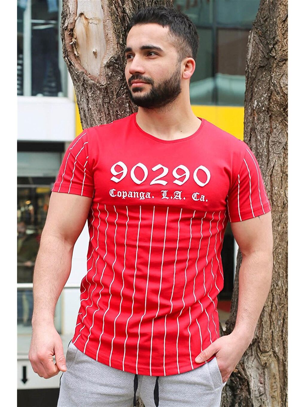 Bisiklet Yaka Çizgi Detaylı Kırmızı %100 Pamuk Tişört 2863-2