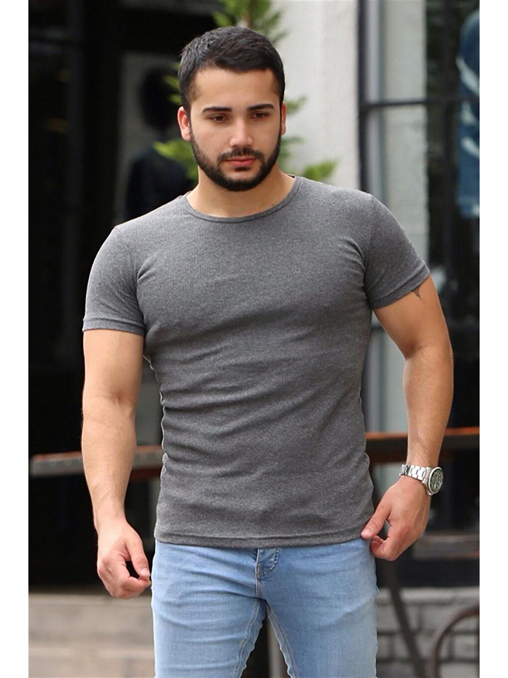 Bisiklet Yaka Antrasit Basic %100 Pamuk Tişört 4077-1