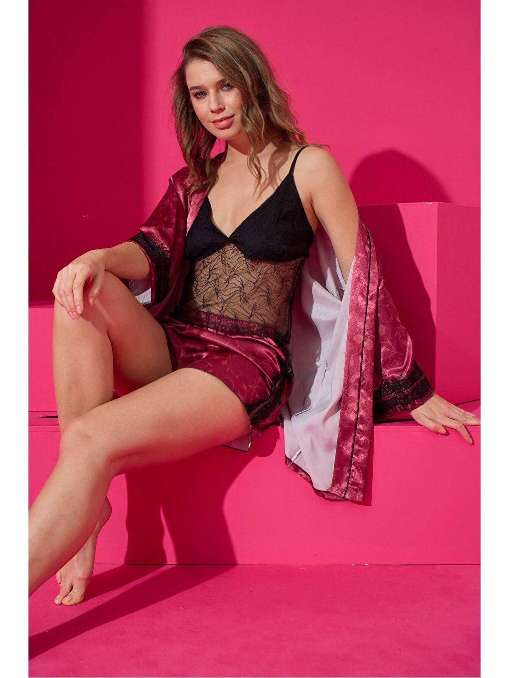 Bordo Saten Sabahlik Şort Takim 9510-3