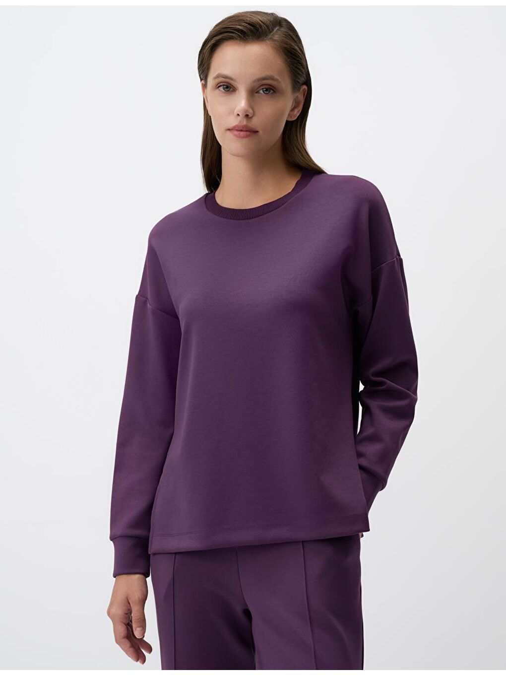 Mor Bisiklet Yaka Uzun Kollu Oversize Sweatshirt