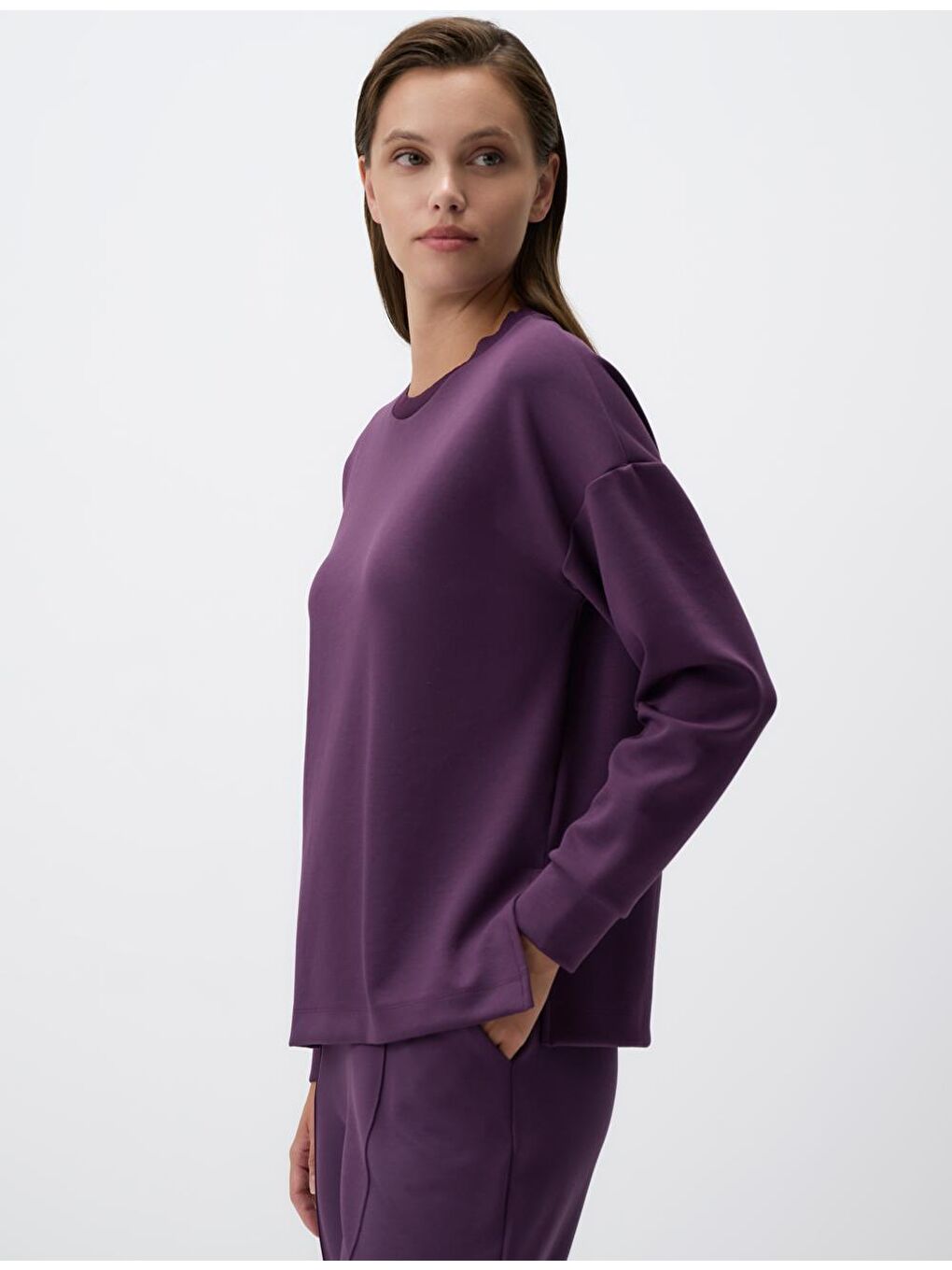 Mor Bisiklet Yaka Uzun Kollu Oversize Sweatshirt-2