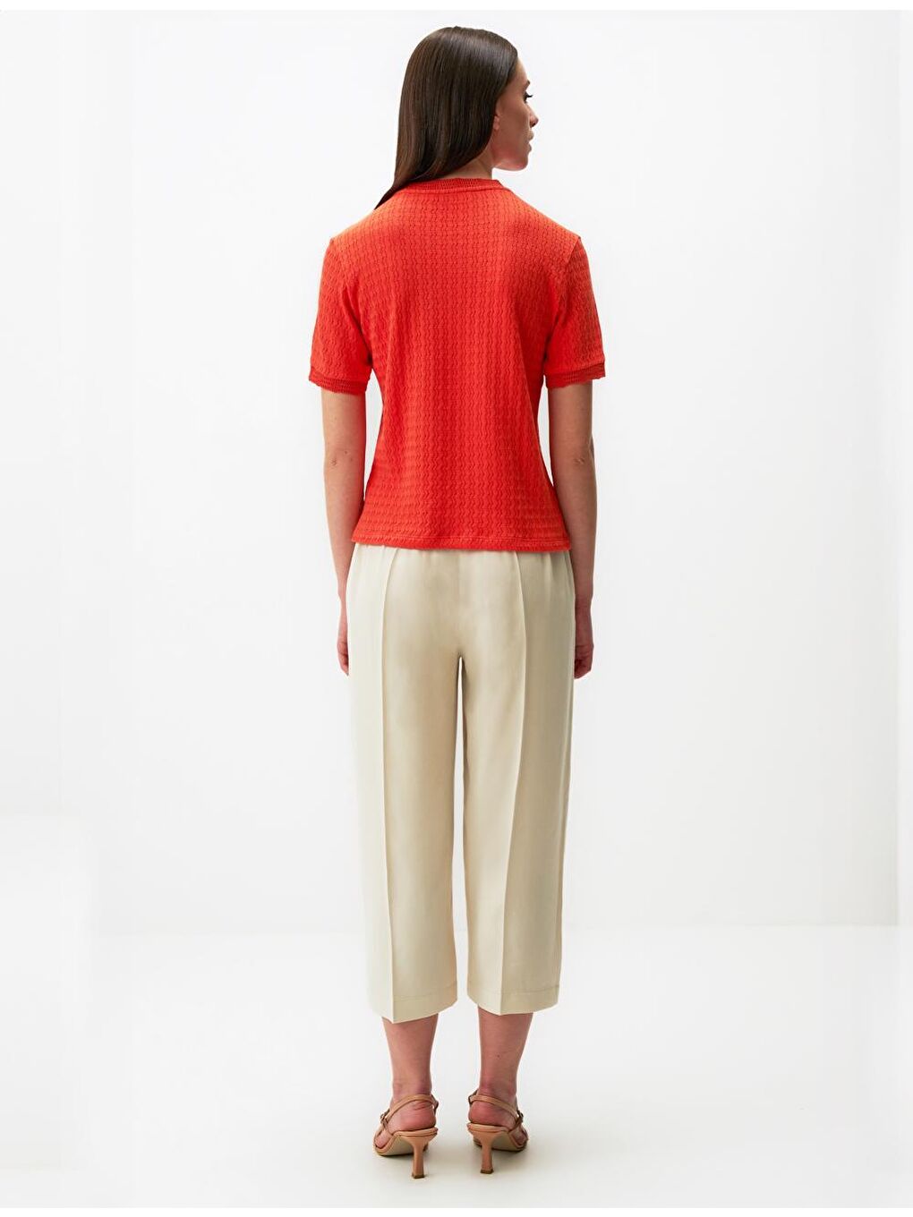 Turuncu Kısa Kollu Ajurlu Pamuklu Tişört-5