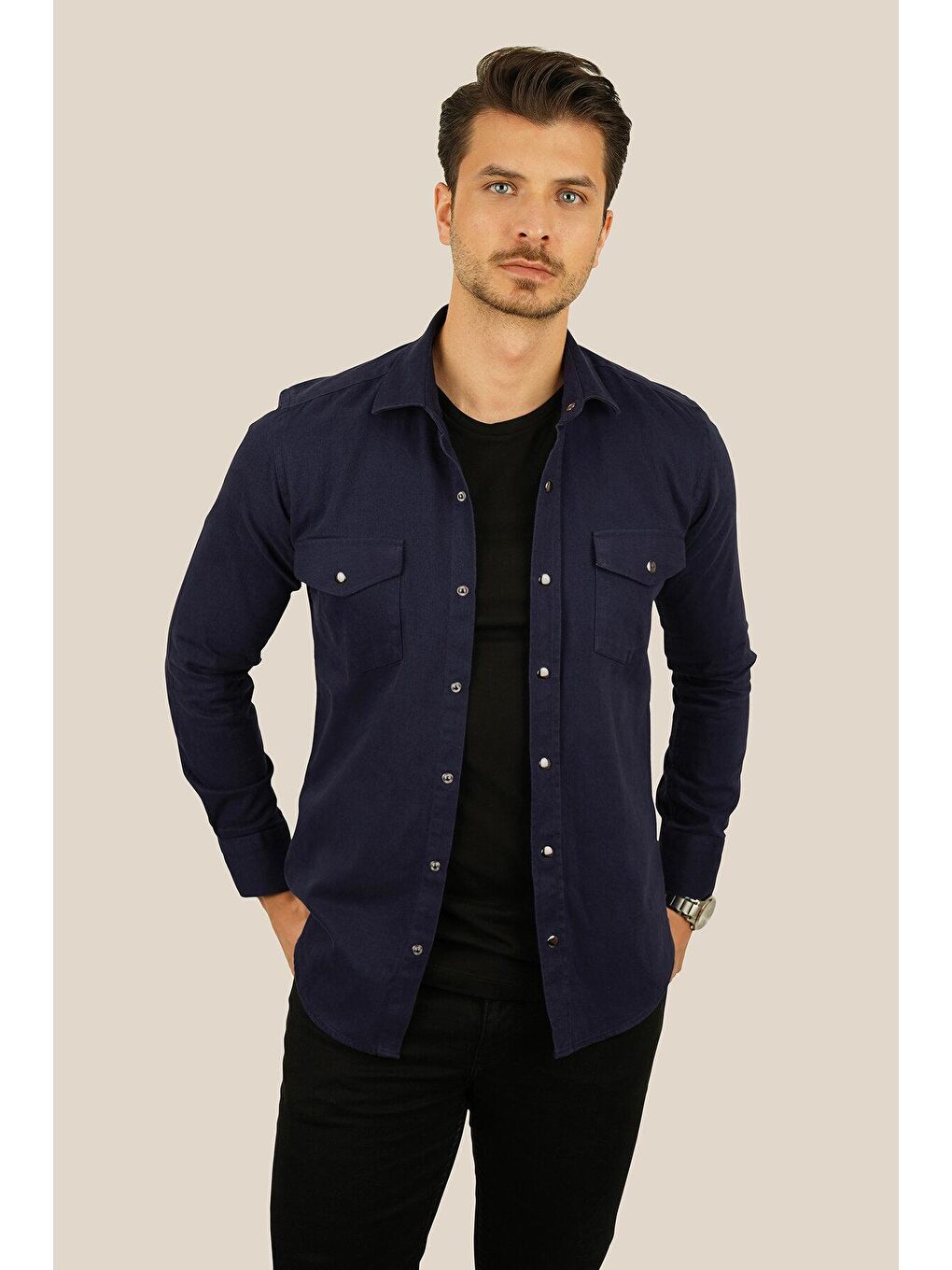 Etikmen Lacivert Slimfit Gerçek Jean Erkek Gömlek - 4