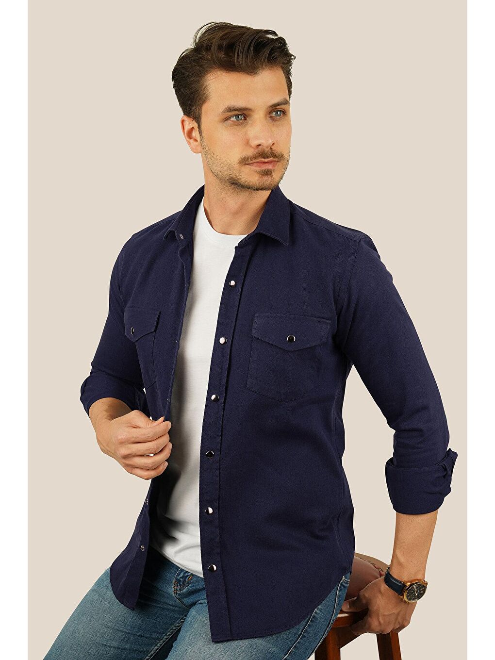 Etikmen Lacivert Slimfit Gerçek Jean Erkek Gömlek - 1