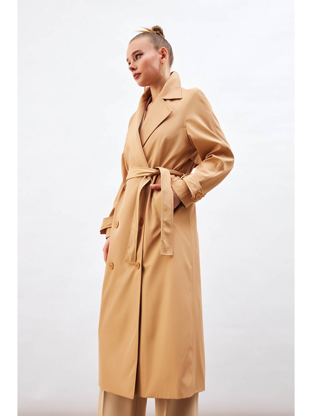 Kuşaklı Uzun Trenç - Bej-3