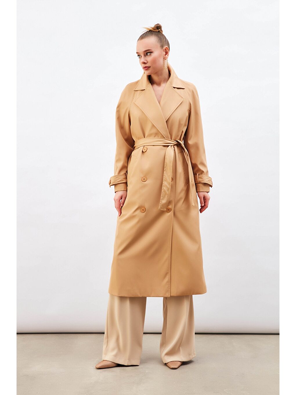 Kuşaklı Uzun Trenç - Bej-4