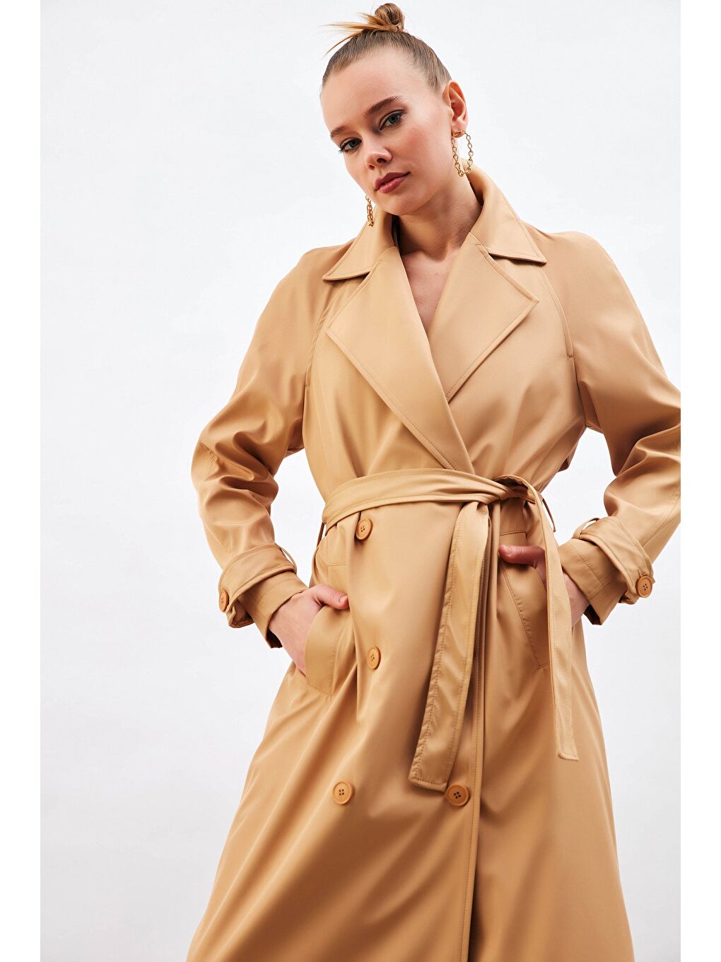 Kuşaklı Uzun Trenç - Bej-6