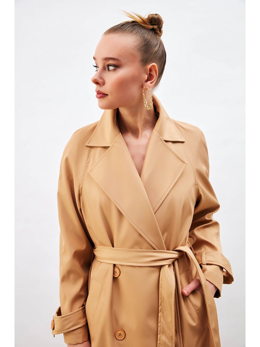 Kuşaklı Uzun Trenç - Bej-7