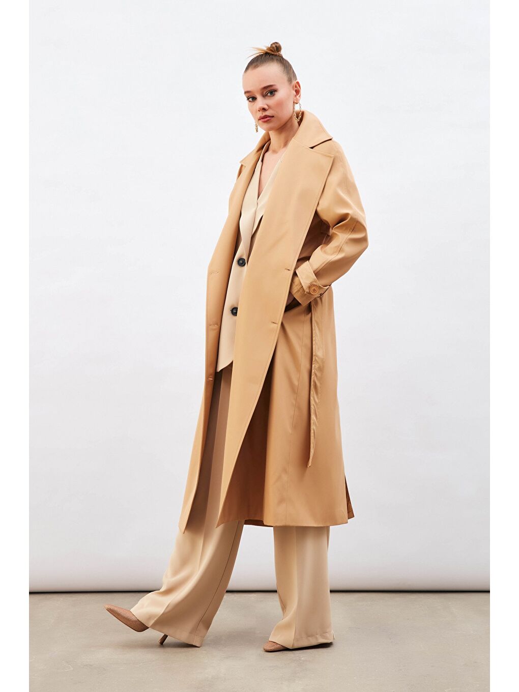 Kuşaklı Uzun Trenç - Bej-8