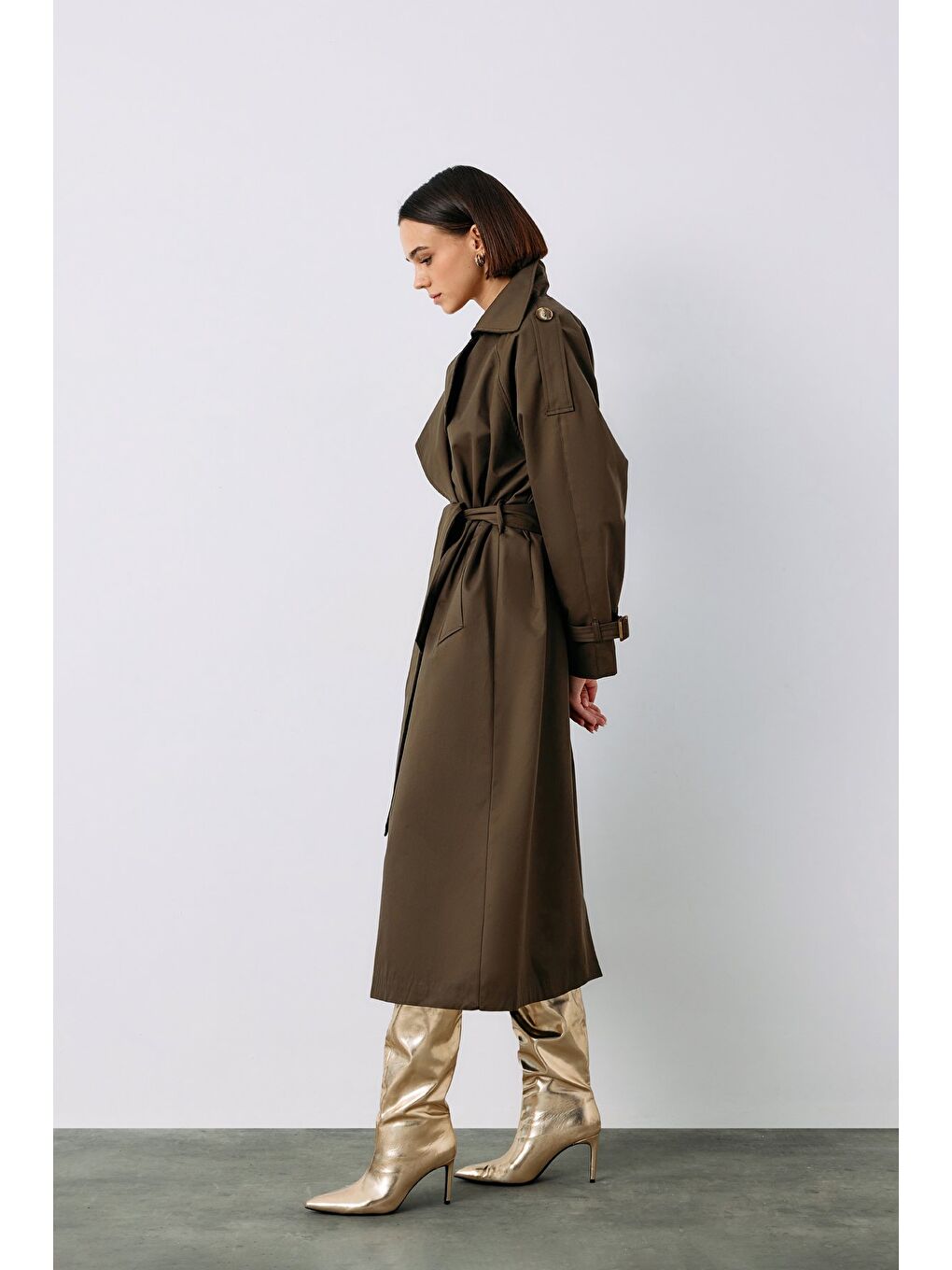 Kuşaklı Uzun Trenç - Haki-2