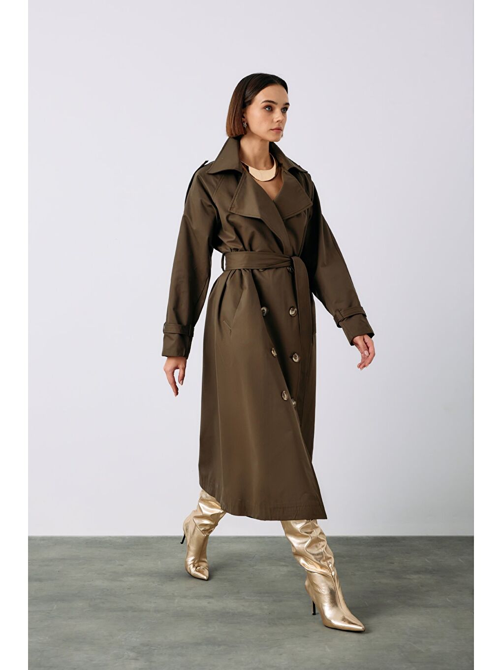 Kuşaklı Uzun Trenç - Haki-3