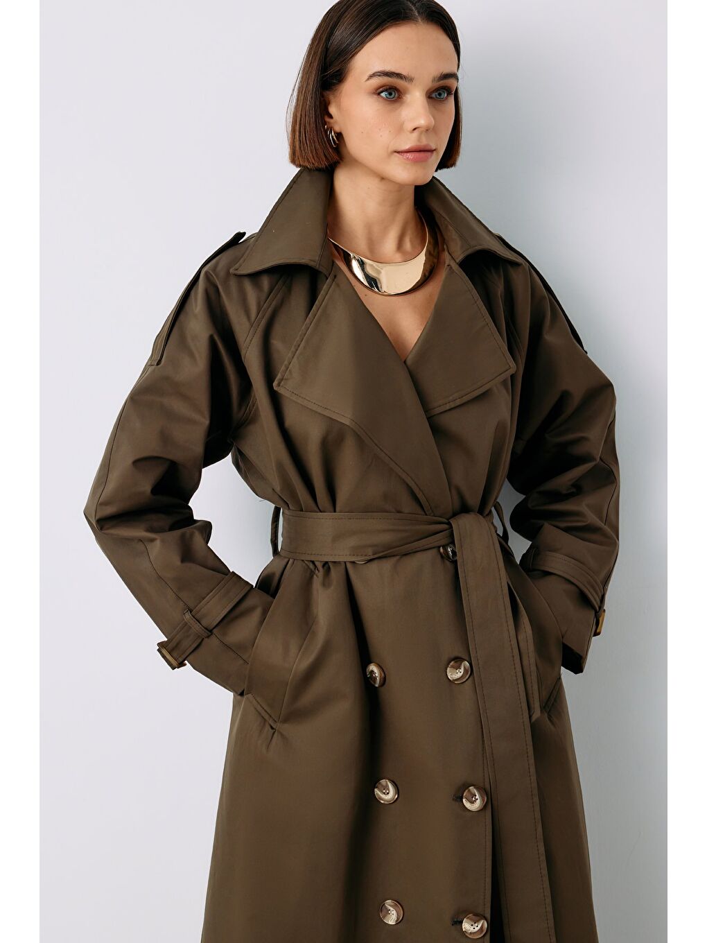 Kuşaklı Uzun Trenç - Haki-4