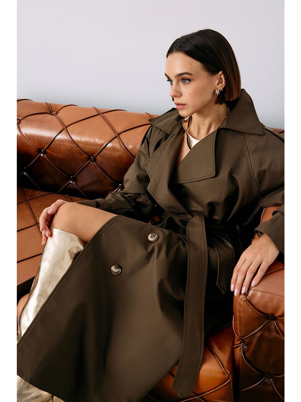 Kuşaklı Uzun Trenç - Haki-5