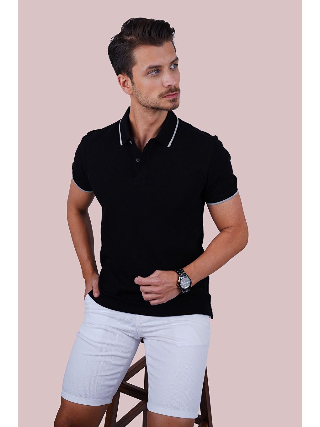 Siyah Gri Yaka Çizgili Erkek Polo Yaka Tişört-2