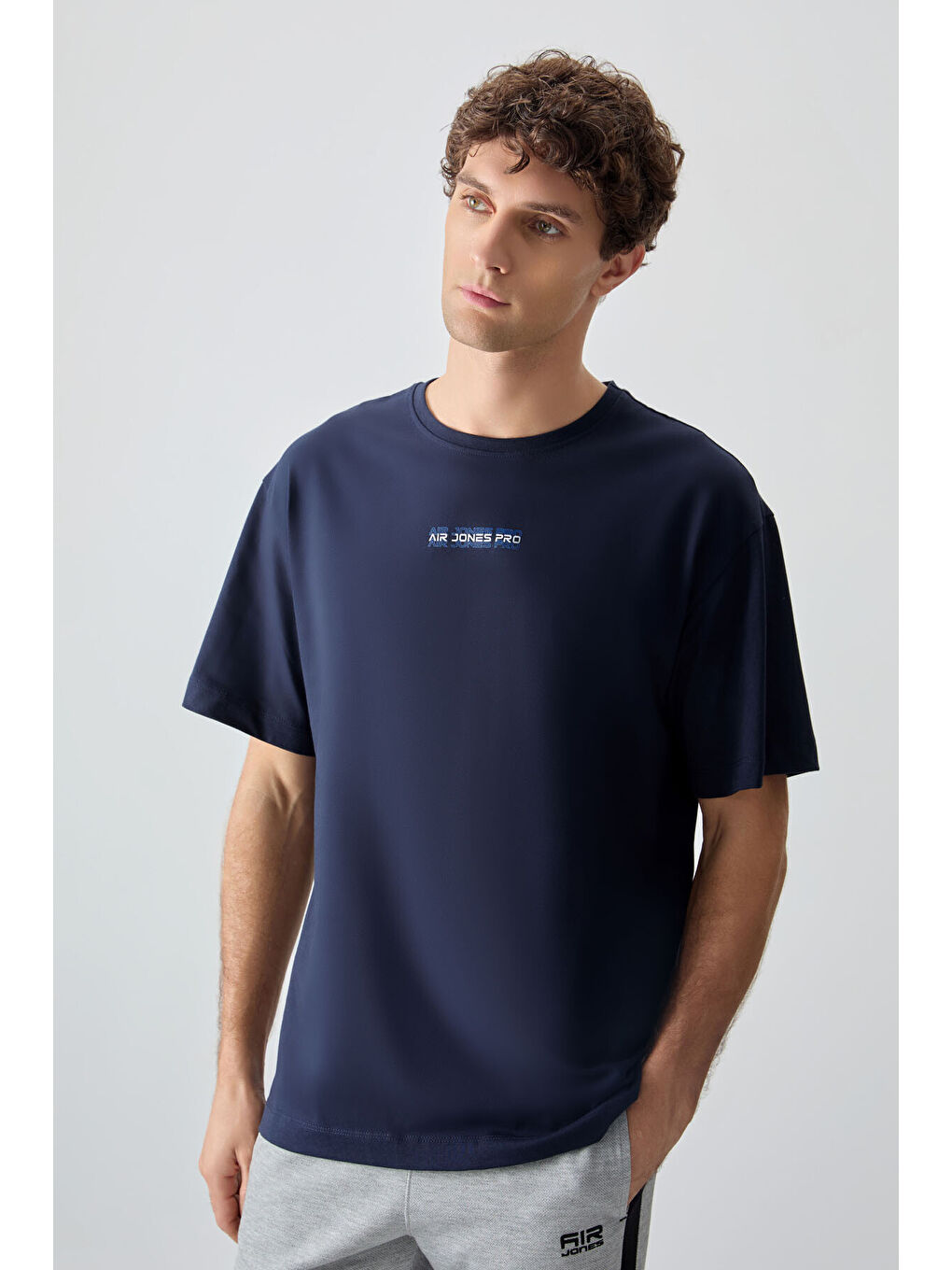 Lacivert %100 Pamuk Kalın Yumuşak Dokulu Oversize Fit Baskılı Erkek Tişört - 88354-2