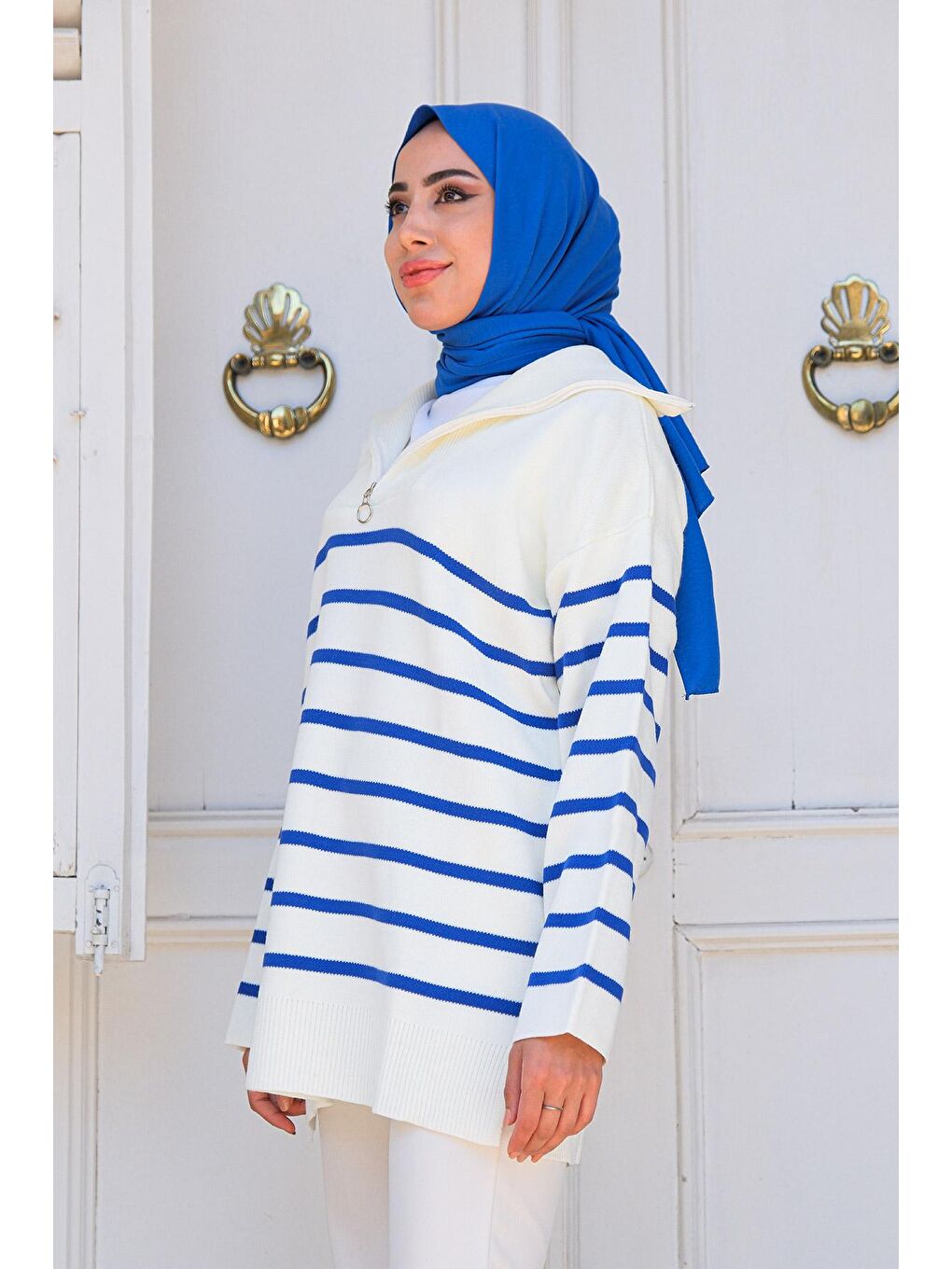 Kadın Çizgili Triko Kazak Mavi-1