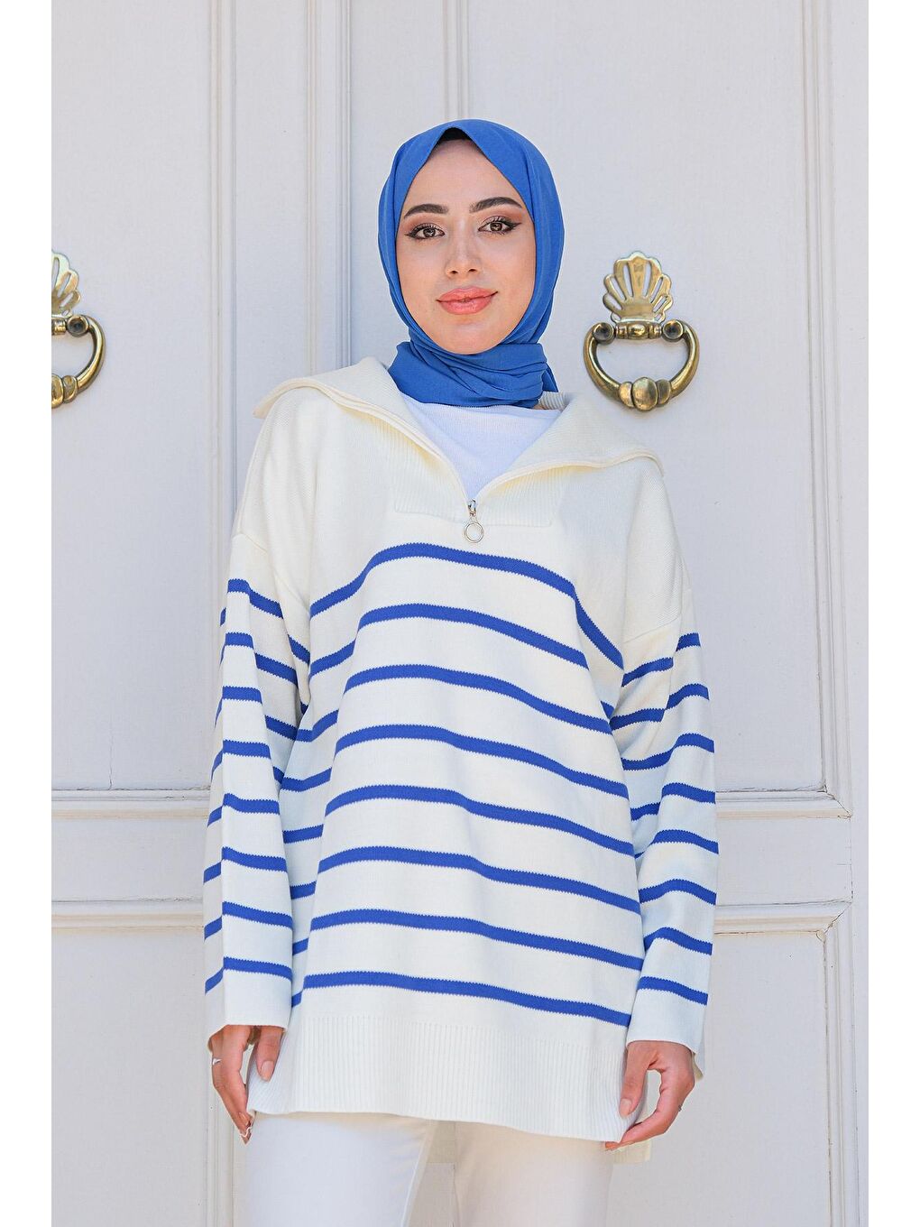 Kadın Çizgili Triko Kazak Mavi-2