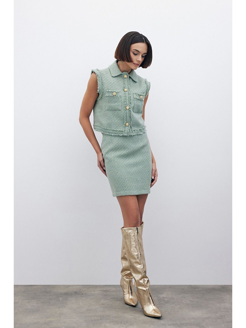 SATEEN Yeşil Simli Tüvit Yelek - Mint - 3