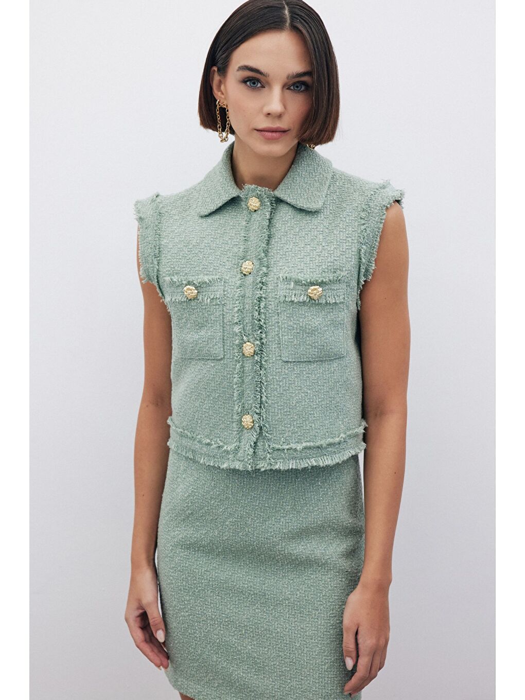 SATEEN Yeşil Simli Tüvit Yelek - Mint - 5