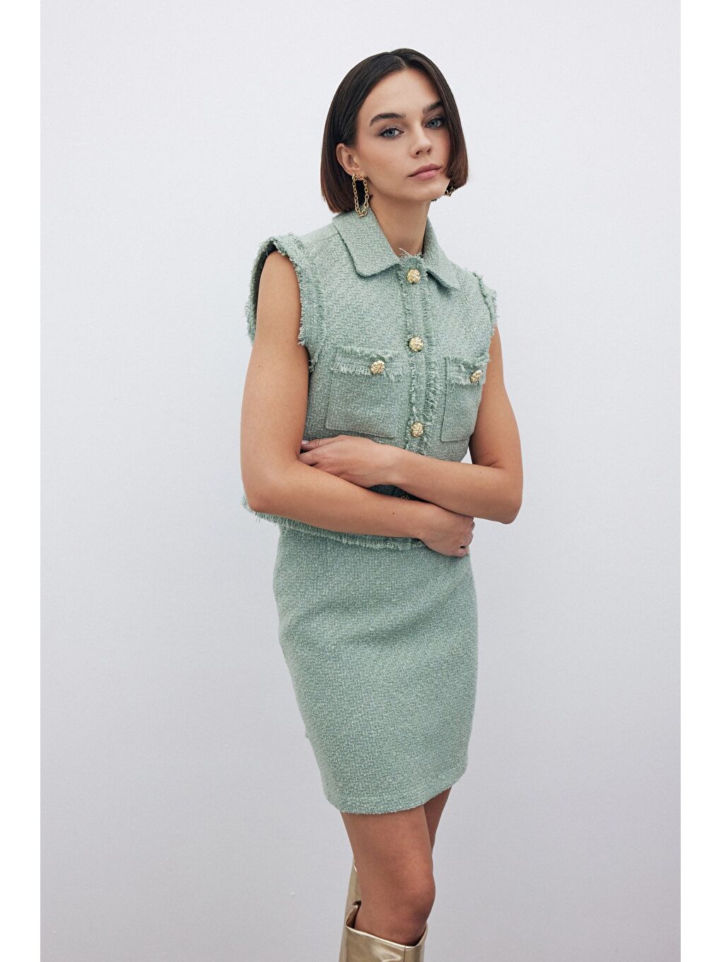 SATEEN Yeşil Simli Tüvit Yelek - Mint - 6