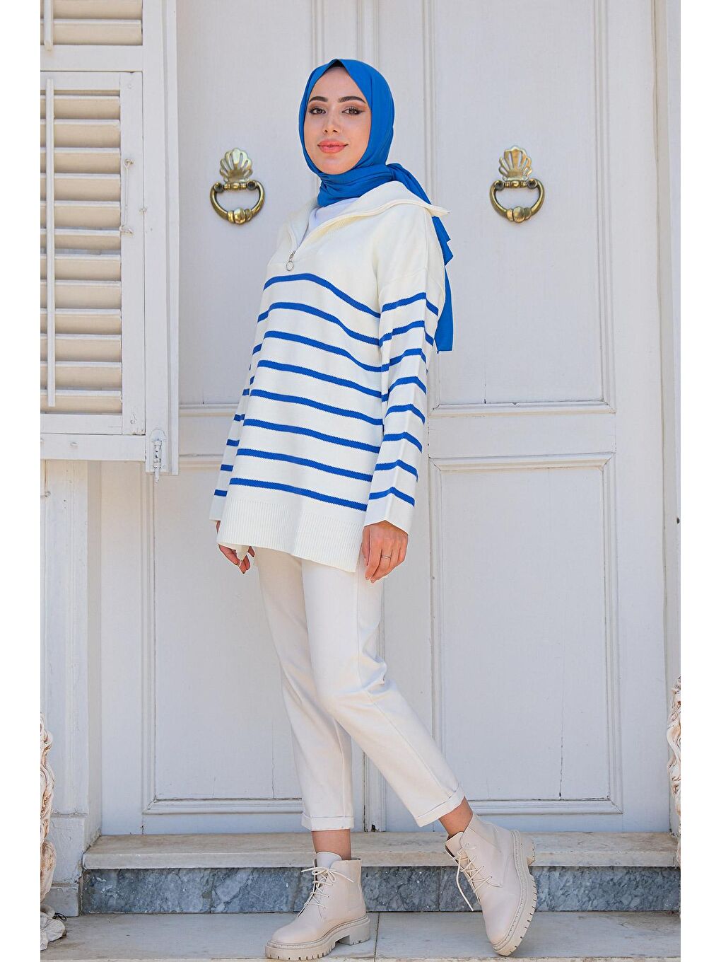 Kadın Çizgili Triko Kazak Mavi-3