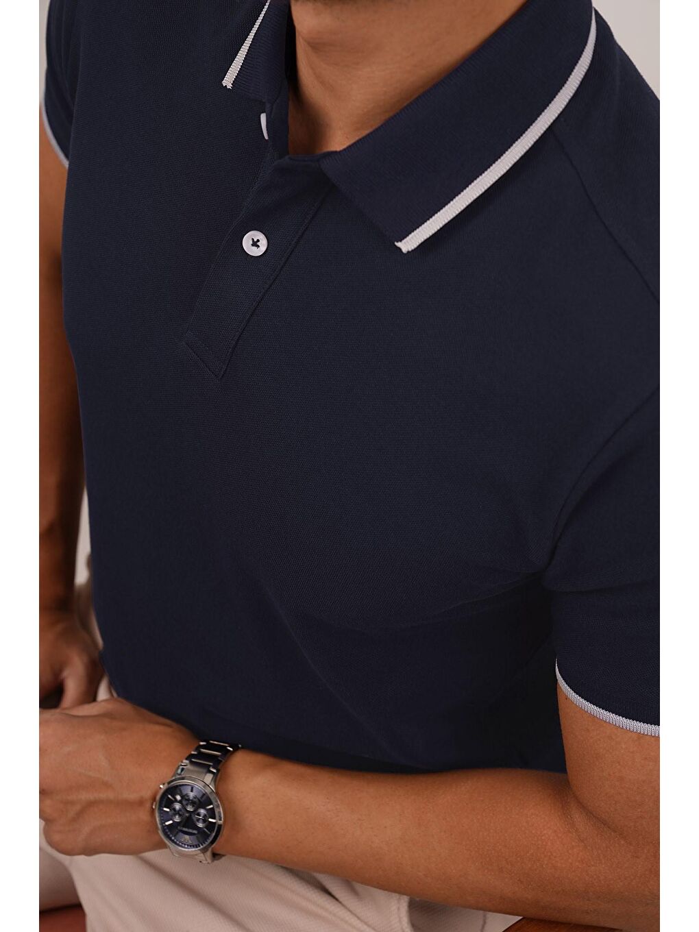 Lacivert Gri Yaka Çizgili Erkek Polo Yaka Tişört