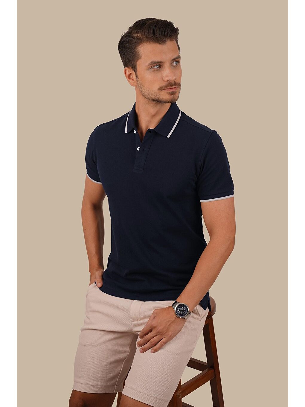 Lacivert Gri Yaka Çizgili Erkek Polo Yaka Tişört-2