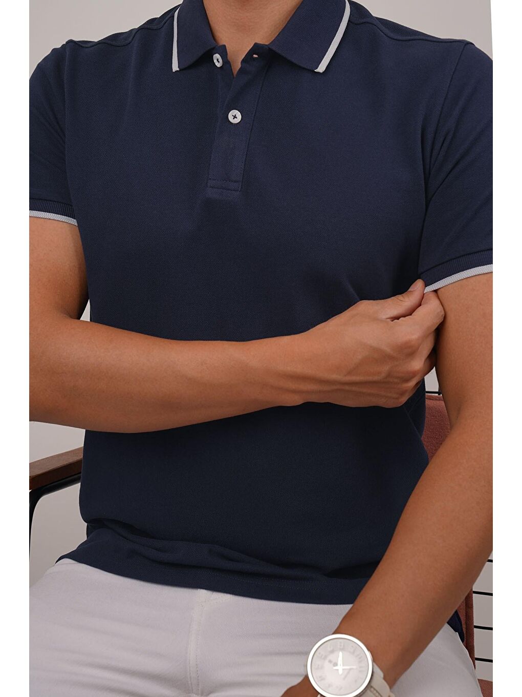 Lacivert Gri Yaka Çizgili Erkek Polo Yaka Tişört-1