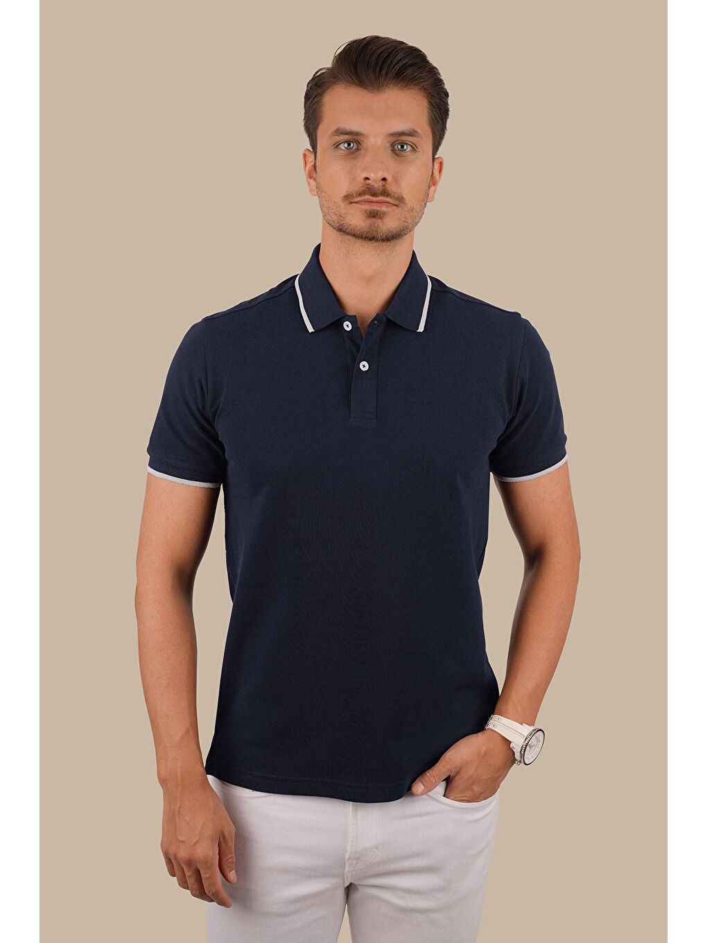 Lacivert Gri Yaka Çizgili Erkek Polo Yaka Tişört-4