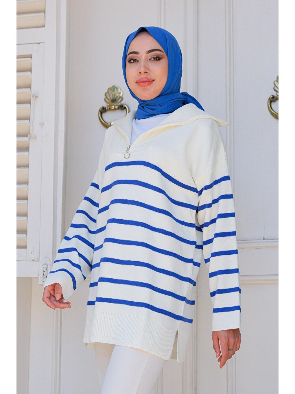 Kadın Çizgili Triko Kazak Mavi-4