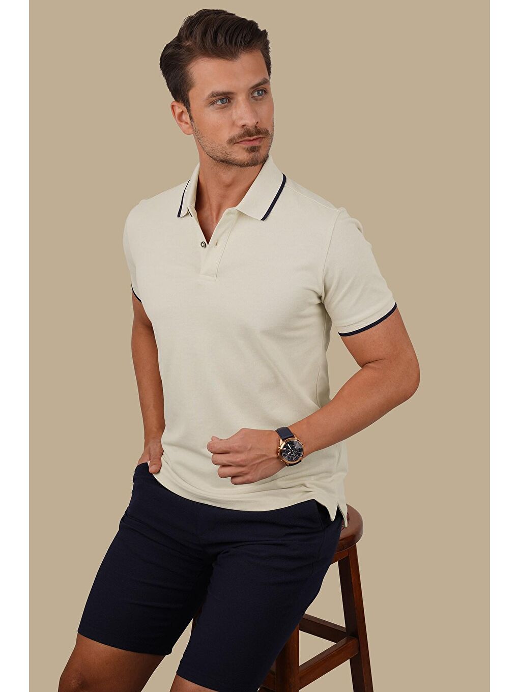 Bej Lacivert Yaka Çizgili Erkek Polo Yaka Tişört-2