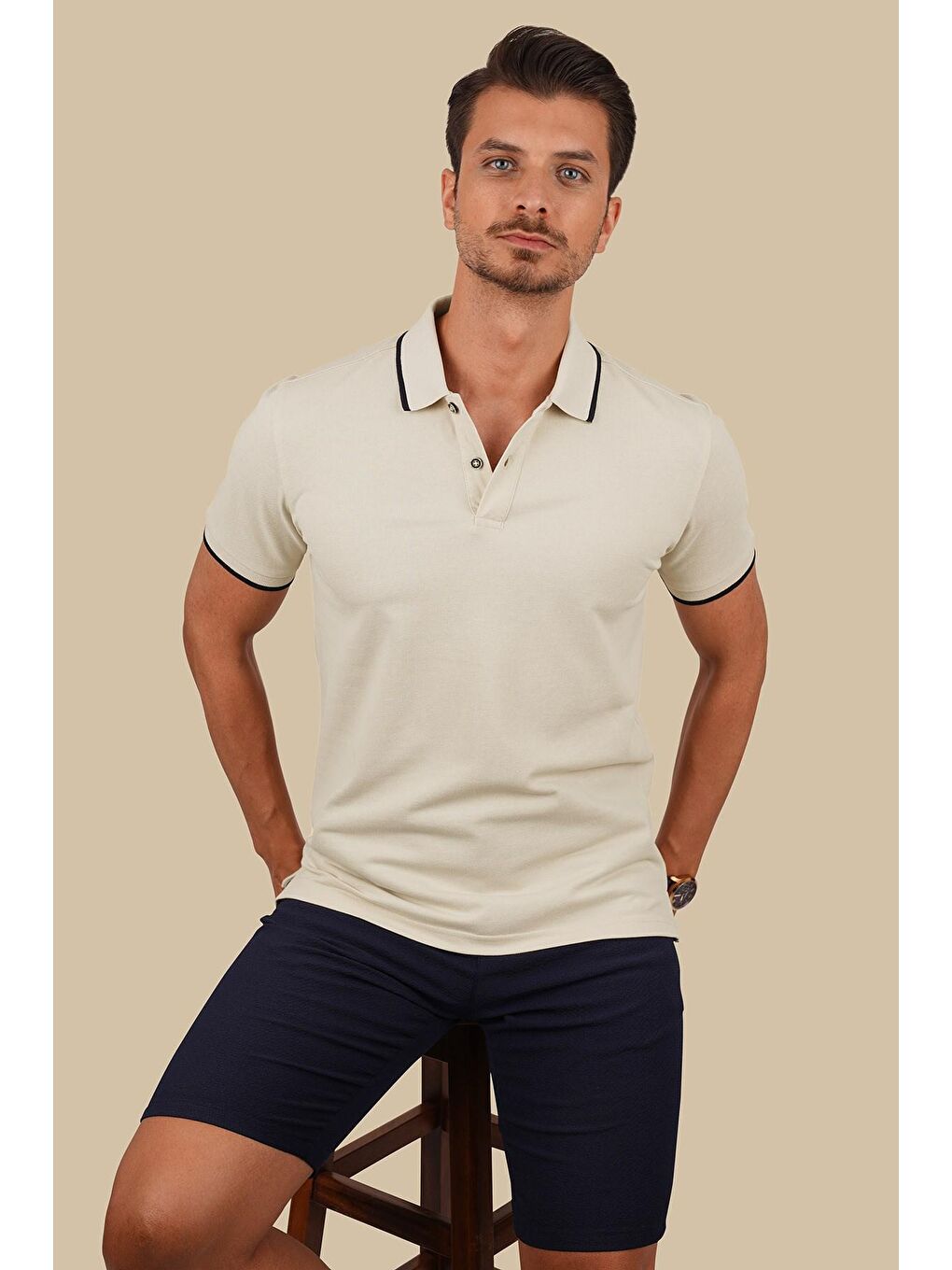 Bej Lacivert Yaka Çizgili Erkek Polo Yaka Tişört-4