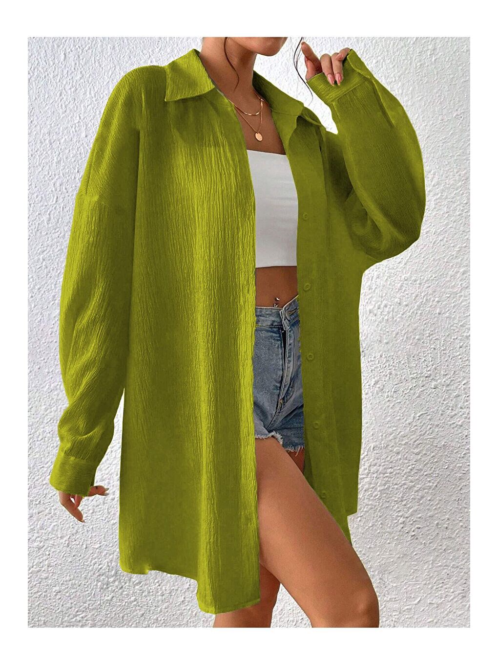 Kadın Yağ Yeşili Oversize Uzun Gömlek