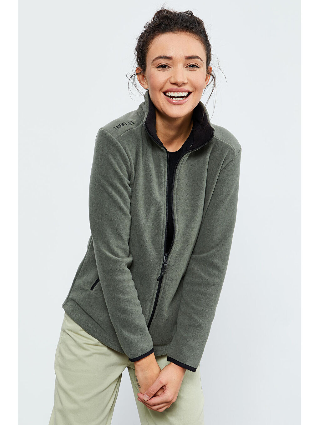 Yeşil Çağla Dik Yaka Fermuarlı Rahat Form Kadın Polar Sweatshirt - 97173-2