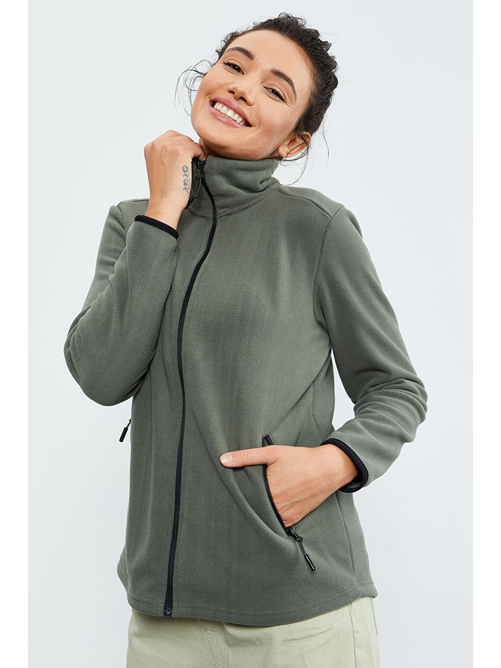 Yeşil Çağla Dik Yaka Fermuarlı Rahat Form Kadın Polar Sweatshirt - 97173-4