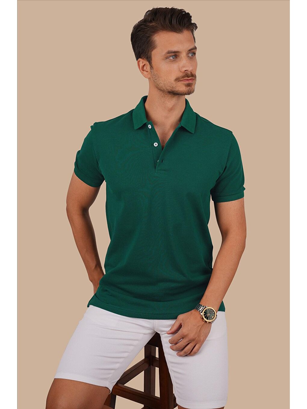 Yeşil Yaka Desenli Erkek Polo Yaka %100 Pamuk Tişört-4