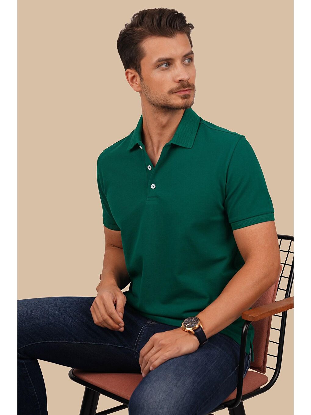 Yeşil Yaka Desenli Erkek Polo Yaka %100 Pamuk Tişört-6