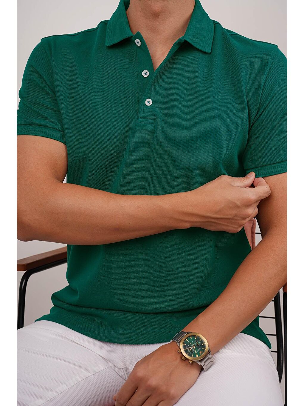 Yeşil Yaka Desenli Erkek Polo Yaka %100 Pamuk Tişört-1